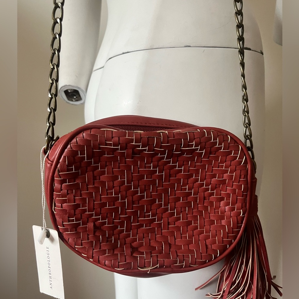 Anthropologie Woven Vegan Leather Chunky Chain TASSEL Crossbody Bag Red - Picture 6 of 12
